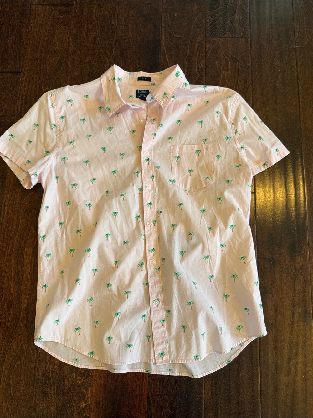 J. Crew Pink Short-Sleeve Button-Down with Green Palm Print